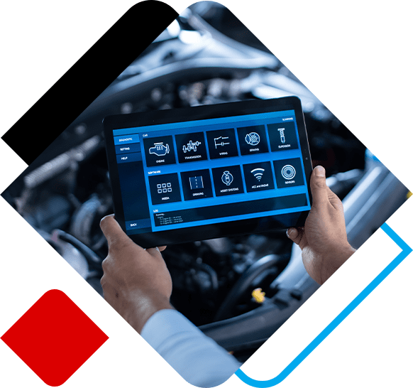 Mechanic Uses a Tablet Computer with a Futuristic Interactive Diagnostics Software